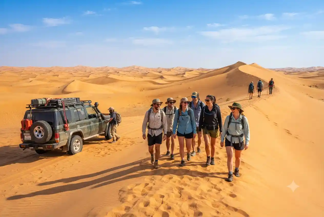 Adventure tourists exploring desert dunes and outdoor activities in the UAE