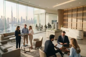 Professional consultation inside a modern UAE real estate head office