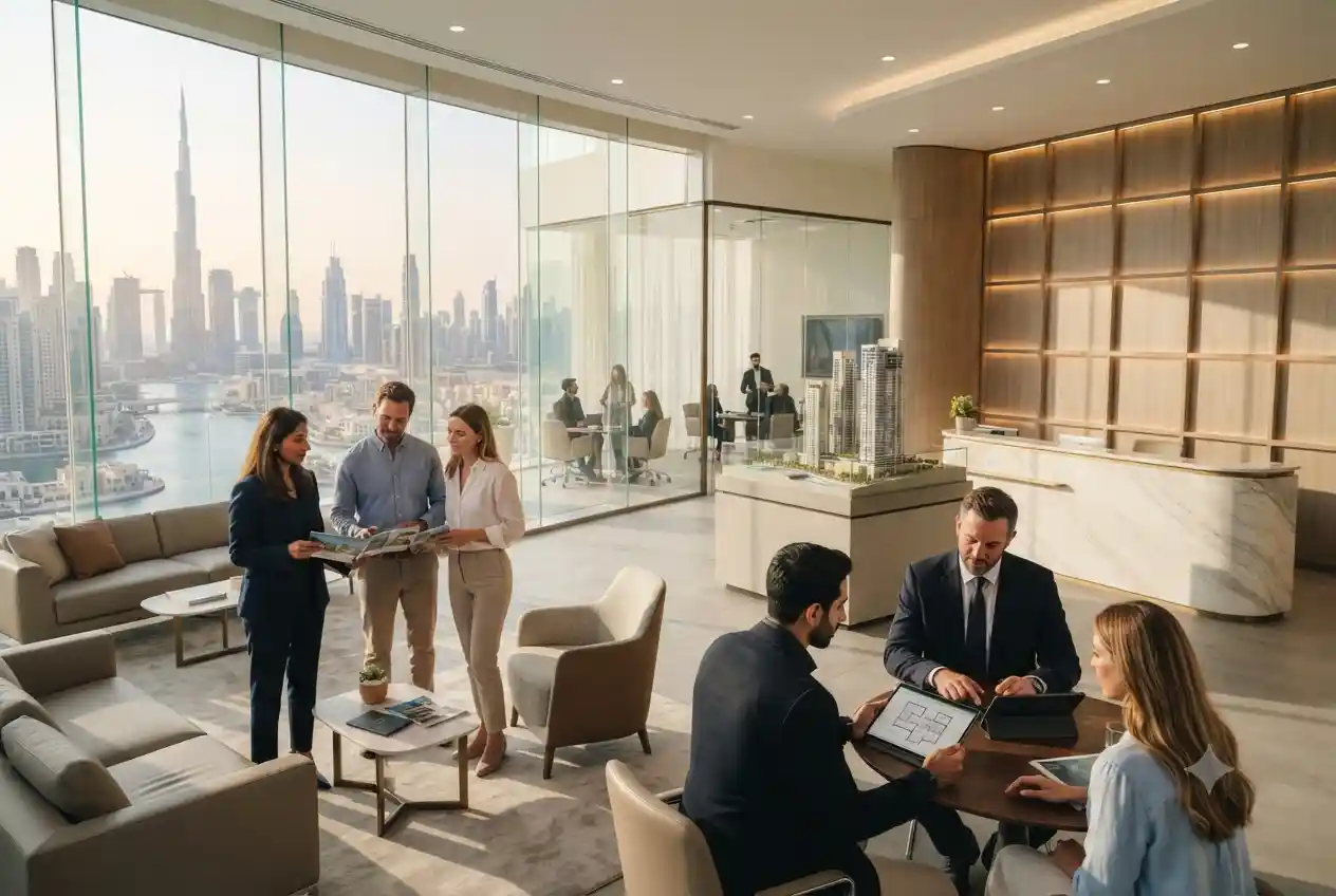 Professional consultation inside a modern UAE real estate head office