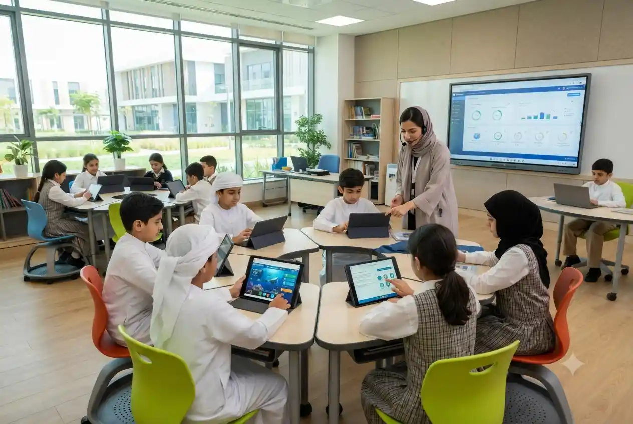 Students and teacher using Alef Education's digital learning platform in a modern UAE classroom.