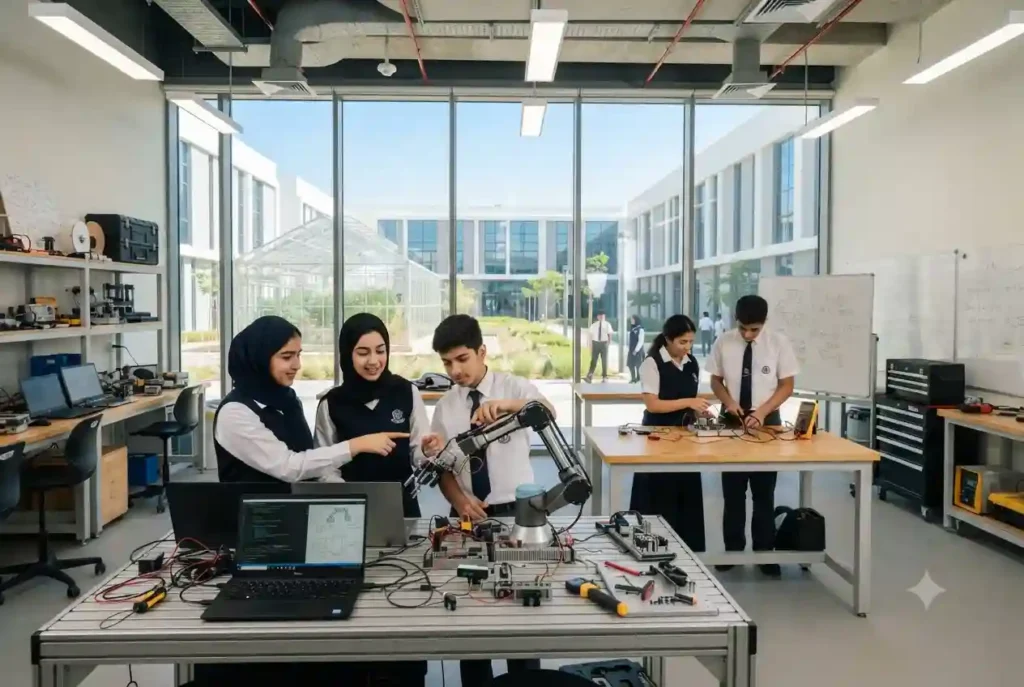 Students learning engineering and technology at Applied Technology High School in the UAE