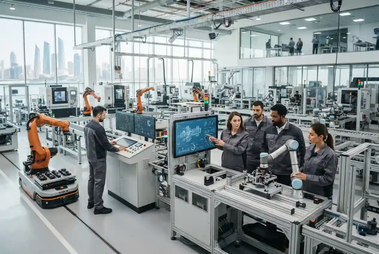 Engineers using applied technology and automation systems in a modern UAE industrial facility
