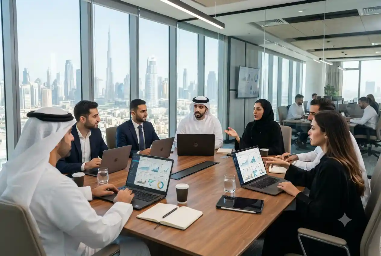 Business professionals planning B2B digital marketing strategies in UAE office