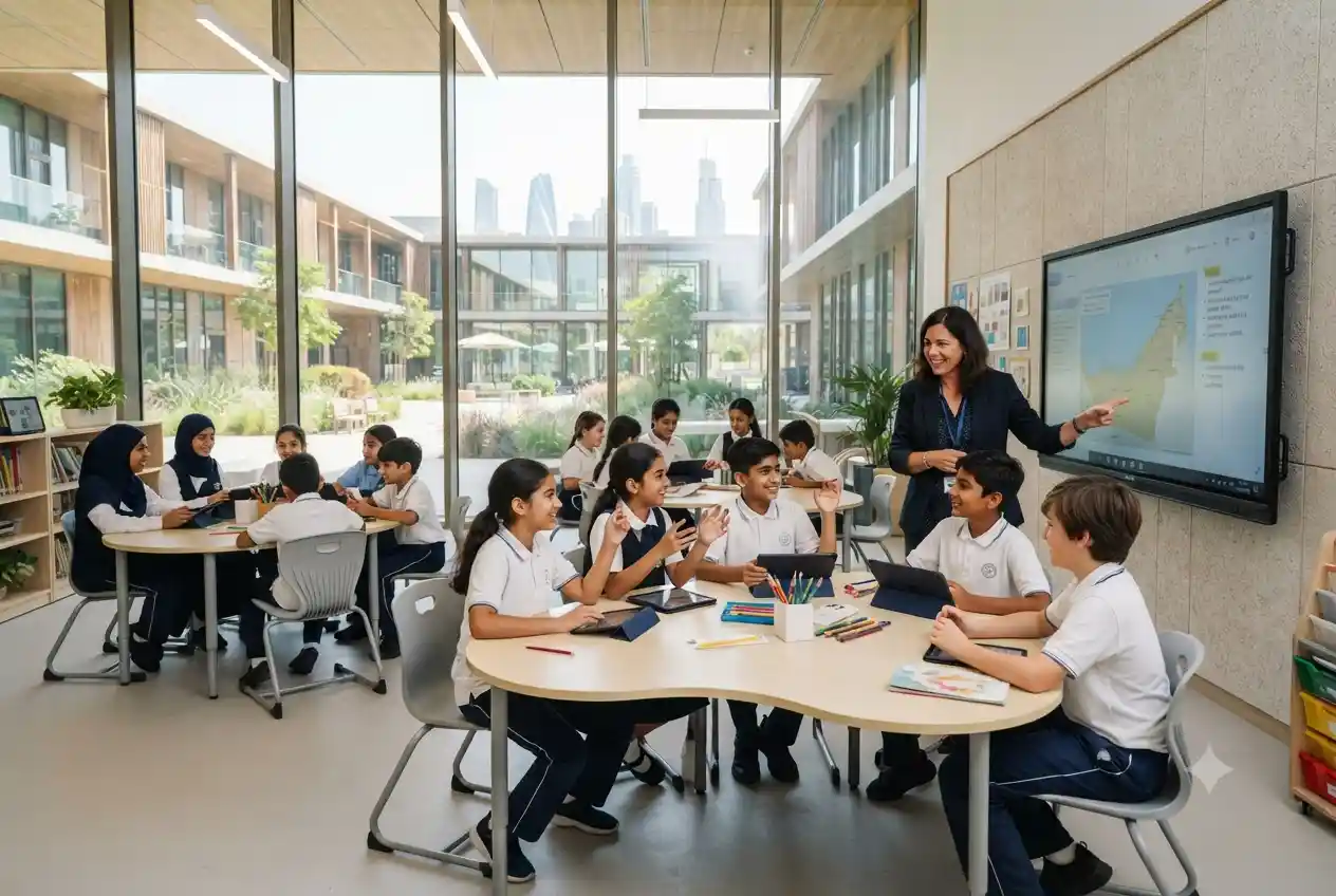 Students participating in collaborative learning at a modern Bloom Education-style school in the UAE.