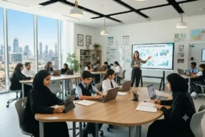Students using a digital learning platform in a modern UAE classroom inspired by Bluesky Education.