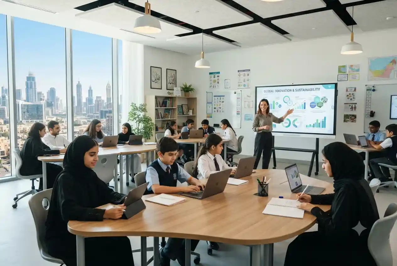 Students using a digital learning platform in a modern UAE classroom inspired by Bluesky Education.
