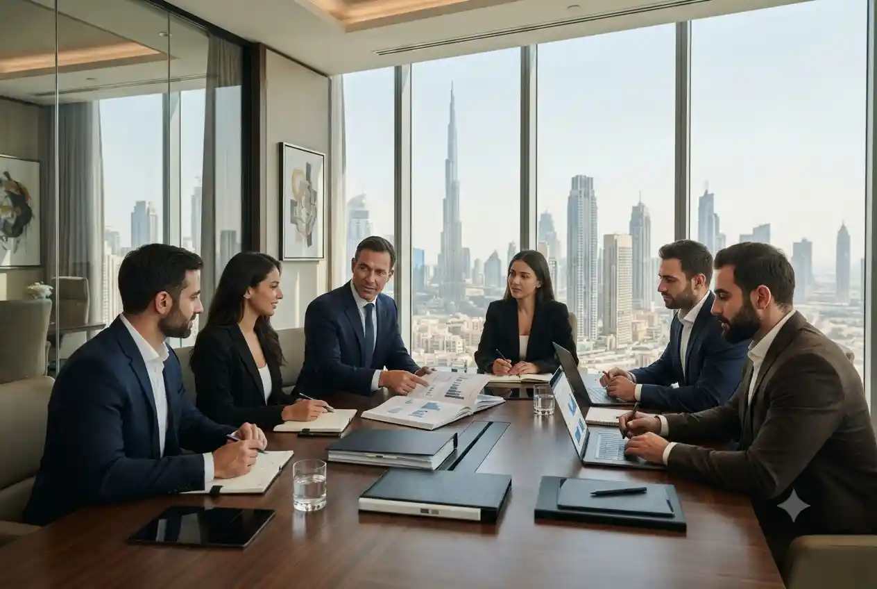 Professional business consultants meeting with entrepreneurs in a modern Dubai office