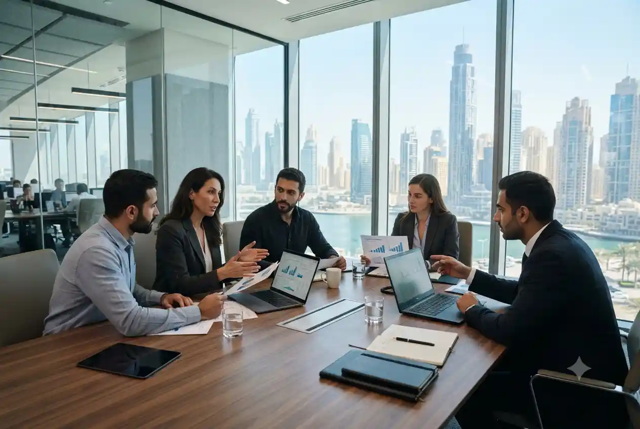 Business consultants advising entrepreneurs during a corporate strategy meeting in the UAE