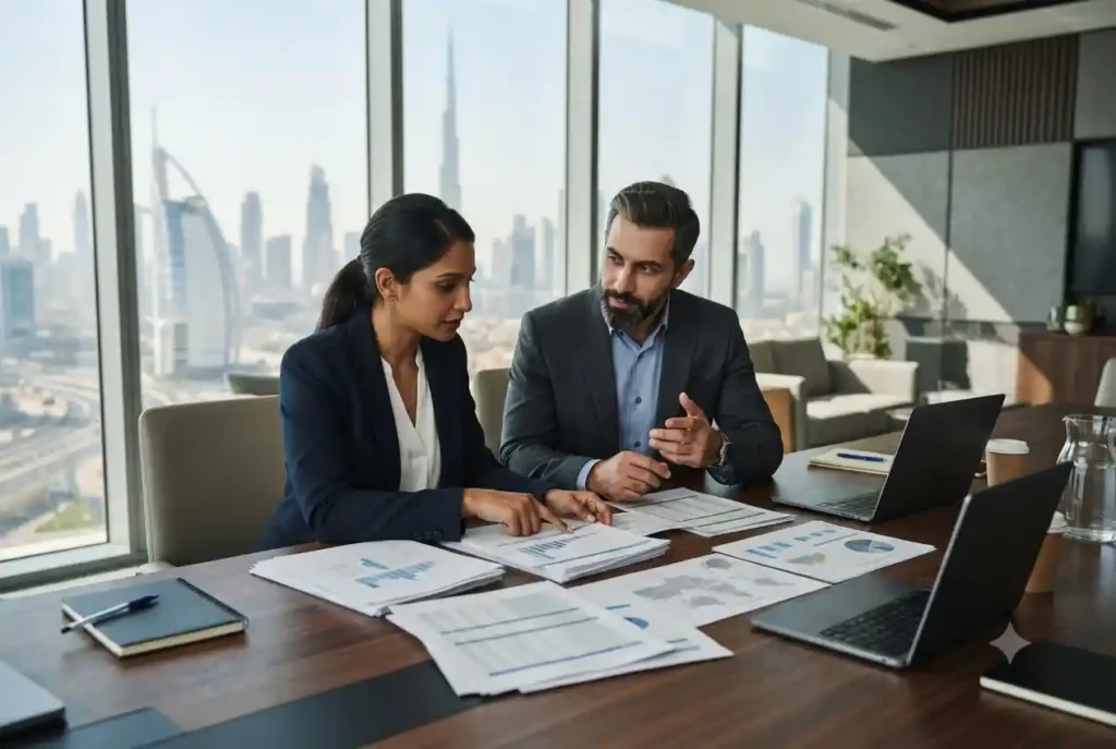 Entrepreneur discussing business setup costs with a consultant in Dubai