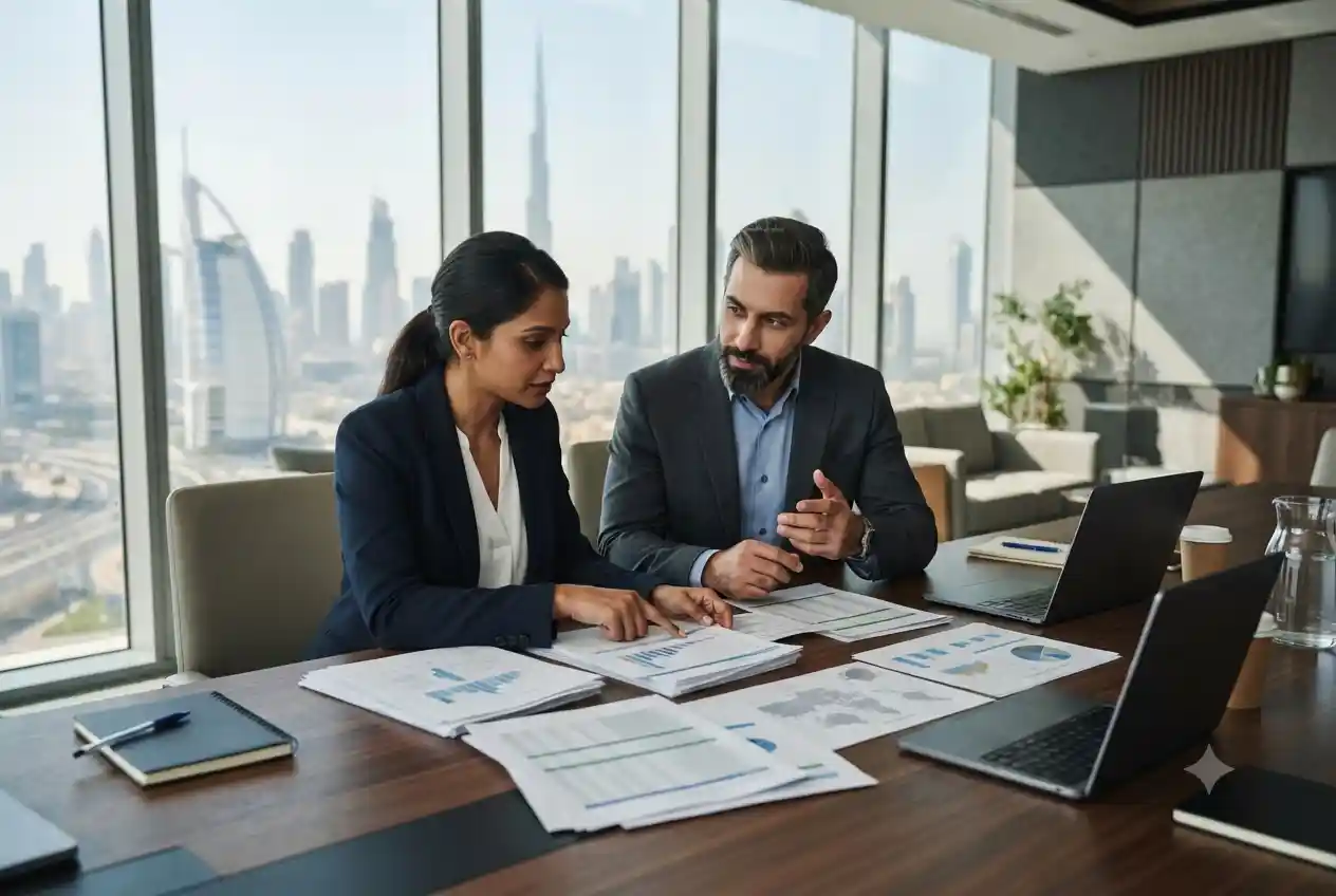 Entrepreneur discussing business setup costs with a consultant in Dubai