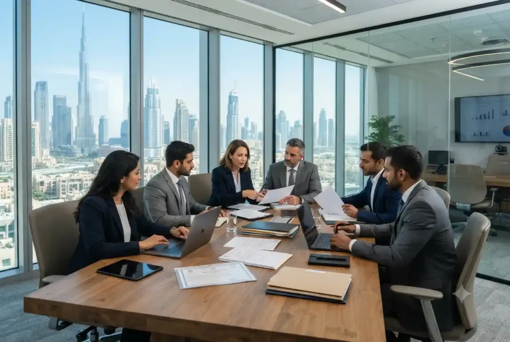 Corporate professionals managing business services and compliance in a Dubai office