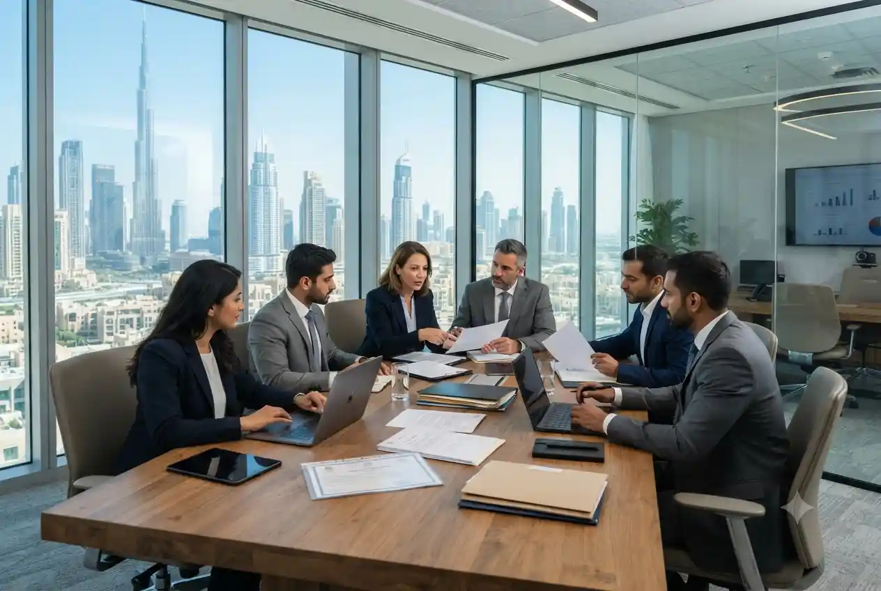 Corporate professionals managing business services and compliance in a Dubai office