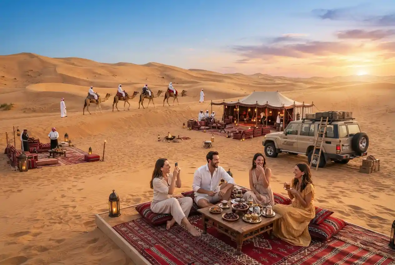 Tourists enjoying a desert safari and camel ride in the UAE