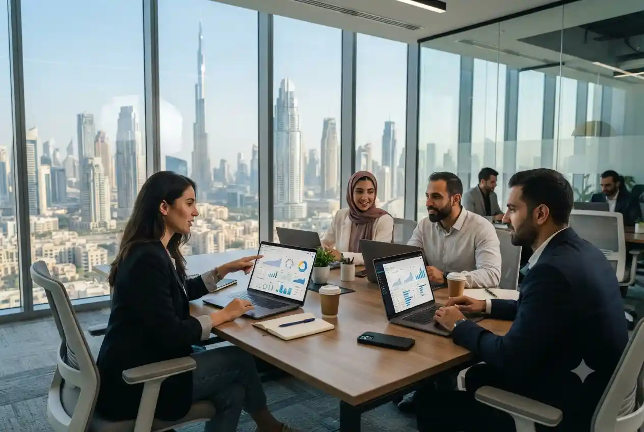 Professionals analyzing digital marketing campaigns for Dubai businesses