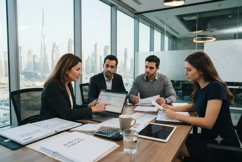 Business professionals reviewing company registration costs and licensing documents in Dubai