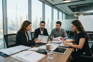 Business professionals reviewing company registration costs and licensing documents in Dubai