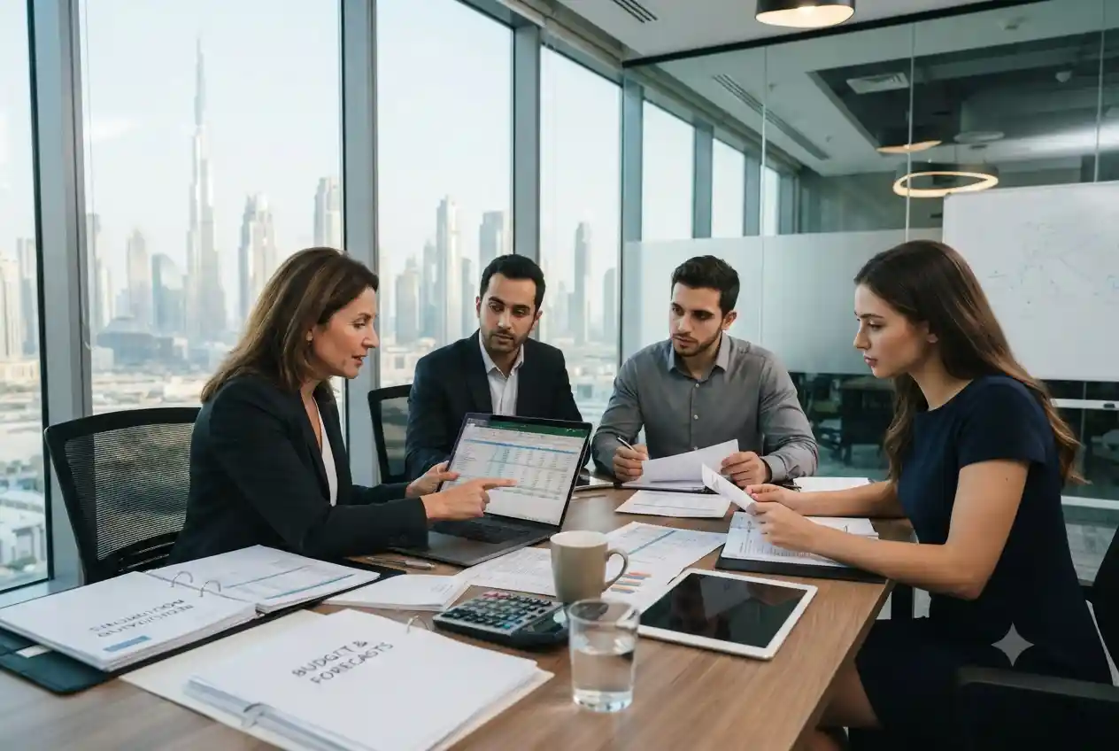 Business professionals reviewing company registration costs and licensing documents in Dubai