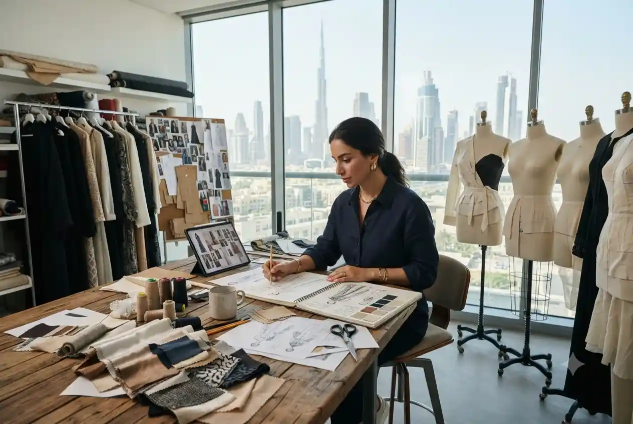 Fashion designer creating clothing designs in a modern Dubai studio.