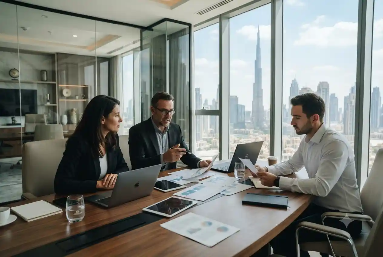 Business consultant explaining Dubai mainland company setup to entrepreneurs