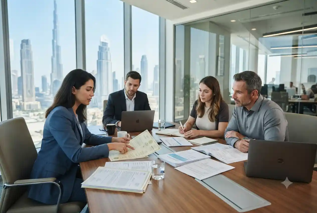 Business consultant explaining Dubai mainland license requirements to entrepreneurs