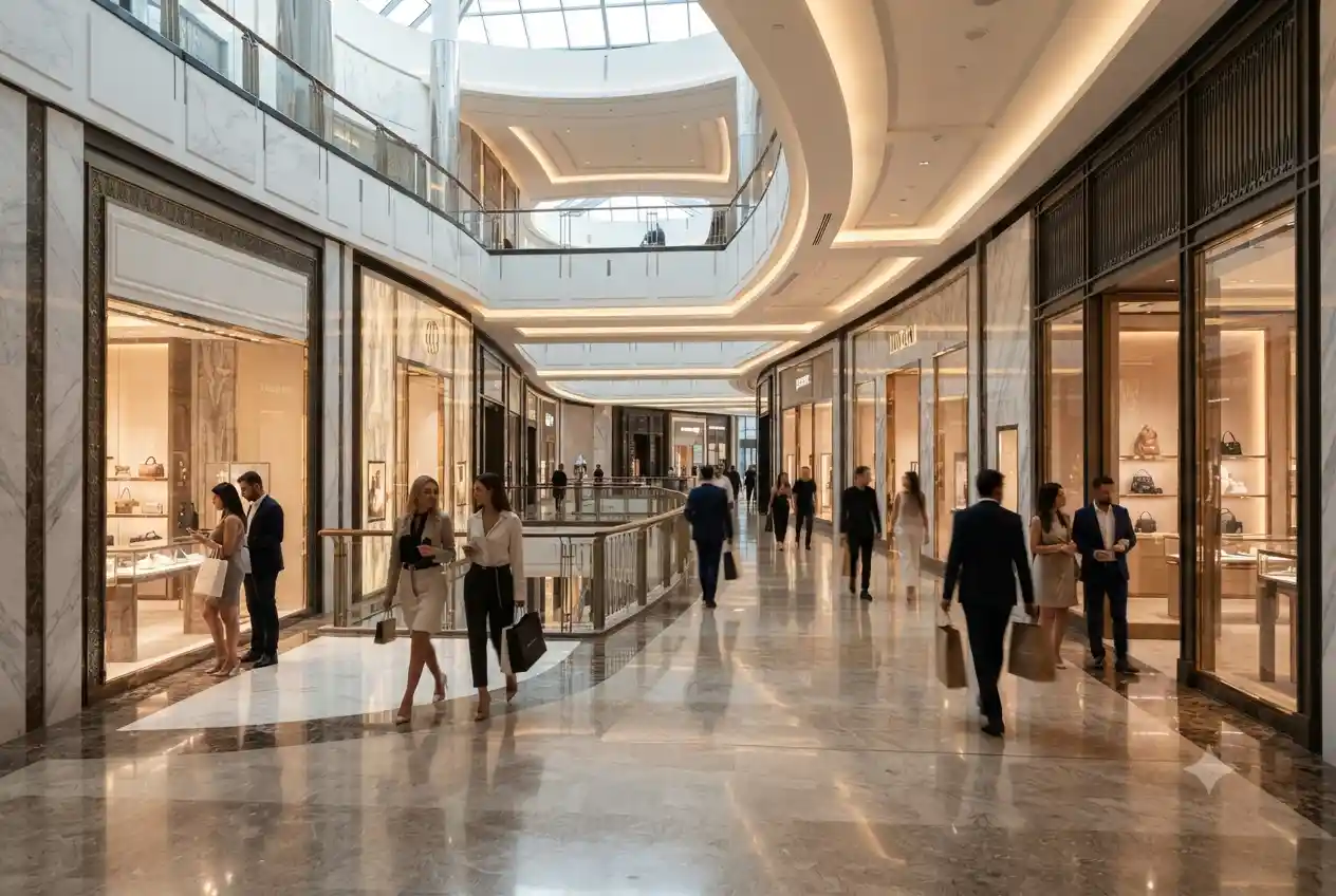 Luxury boutiques inside Dubai Mall Fashion Avenue.