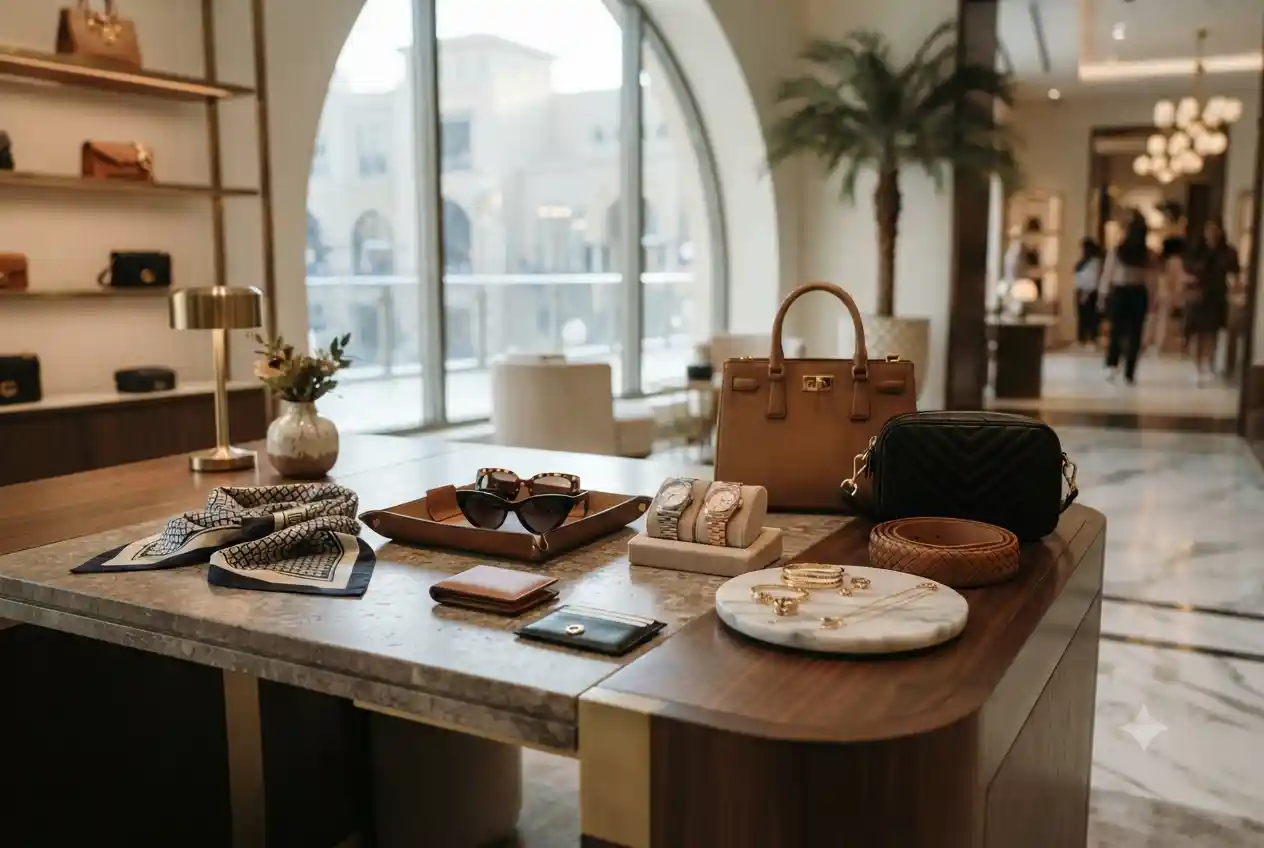 Luxury fashion accessories displayed inside a modern UAE boutique