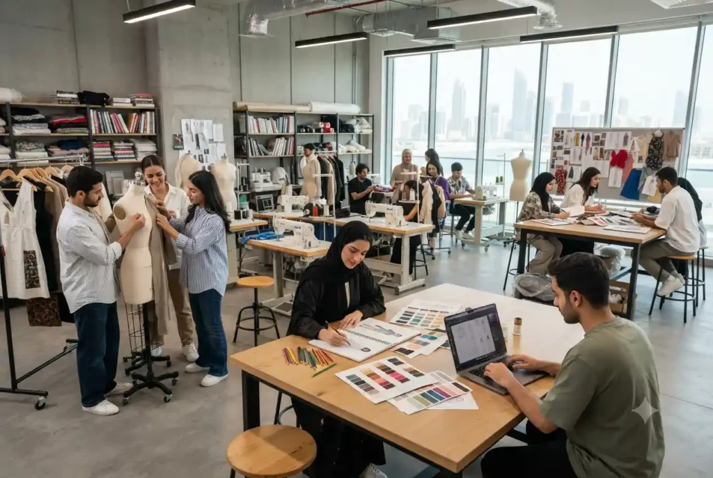 Students learning fashion design in a modern UAE fashion institute.