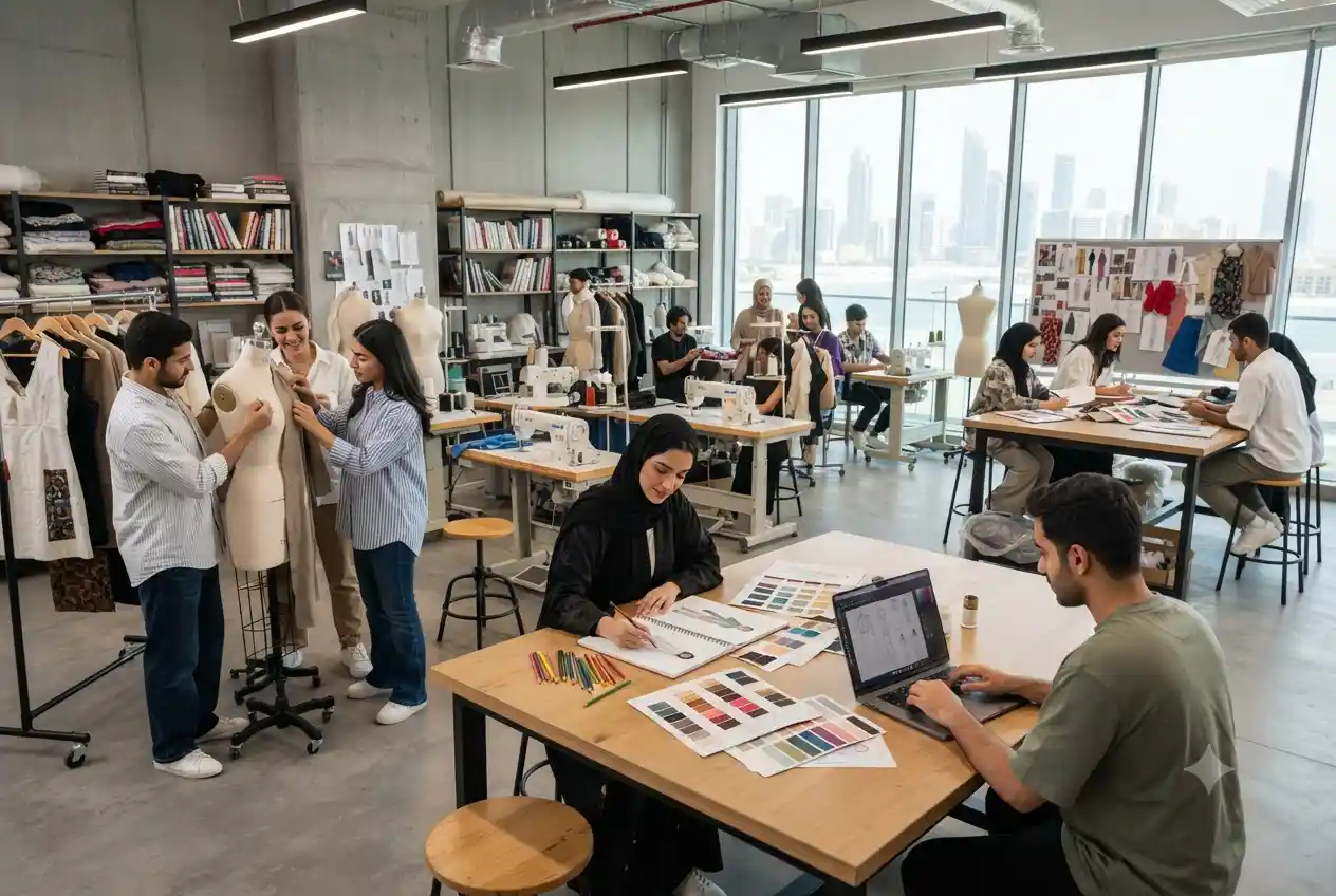 Students learning fashion design in a modern UAE fashion institute.