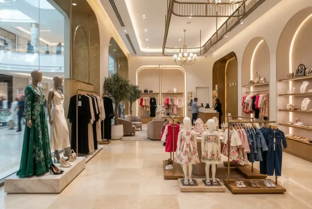 Stylish fashion dresses displayed inside a modern UAE clothing boutique.
