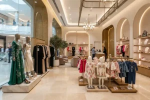 Stylish fashion dresses displayed inside a modern UAE clothing boutique.