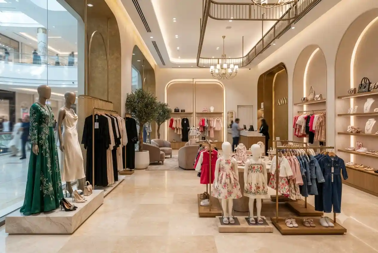 Stylish fashion dresses displayed inside a modern UAE clothing boutique.