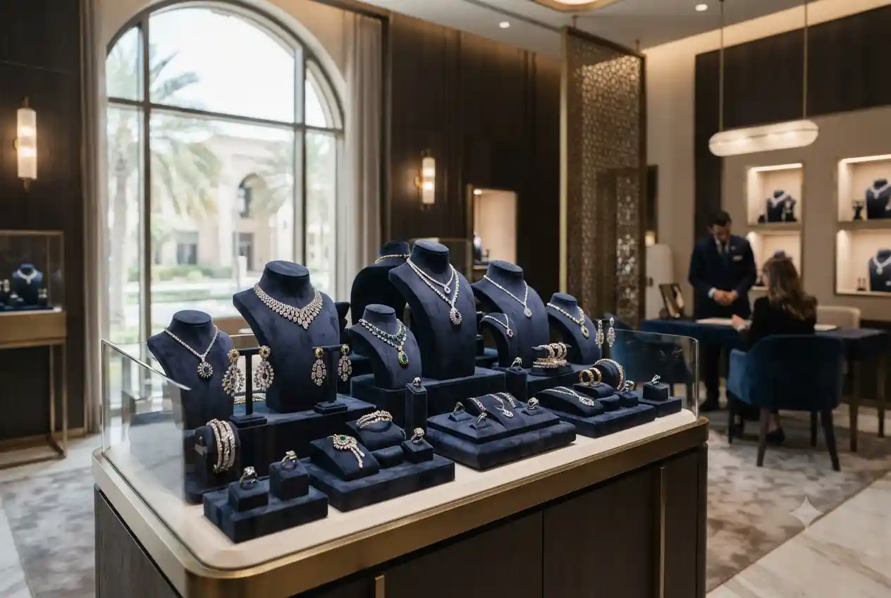 Elegant fashion jewelry displayed inside a modern UAE jewellery store.
