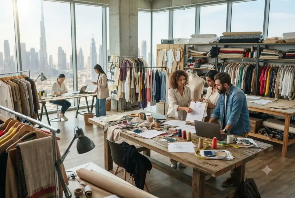 Fashion professionals working in a modern Dubai fashion studio.
