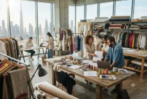 Fashion professionals working in a modern Dubai fashion studio.