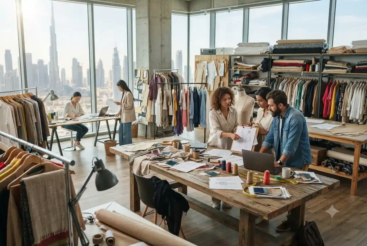 Fashion professionals working in a modern Dubai fashion studio.