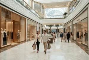 Modern fashion stores inside a luxury shopping mall in the UAE.