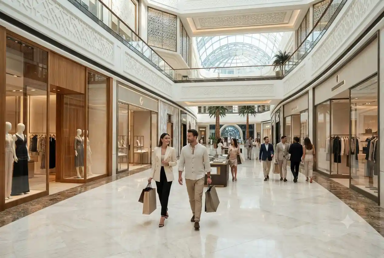 Modern fashion stores inside a luxury shopping mall in the UAE.