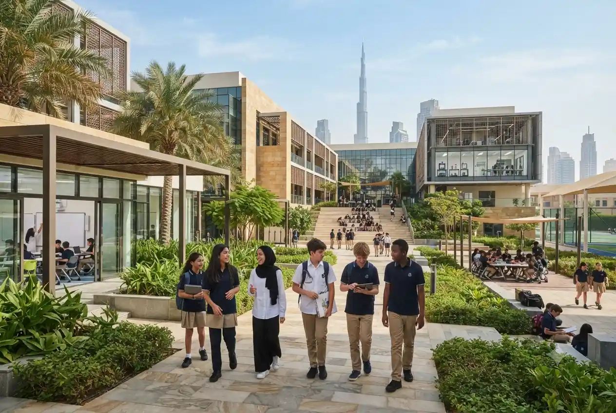 Modern GEMS Education-style international school campus in the UAE.