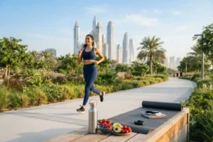 Person enjoying a healthy lifestyle with exercise, nutritious food, and outdoor fitness in the UAE.