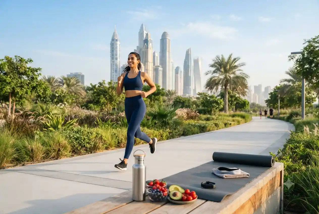 Person enjoying a healthy lifestyle with exercise, nutritious food, and outdoor fitness in the UAE.
