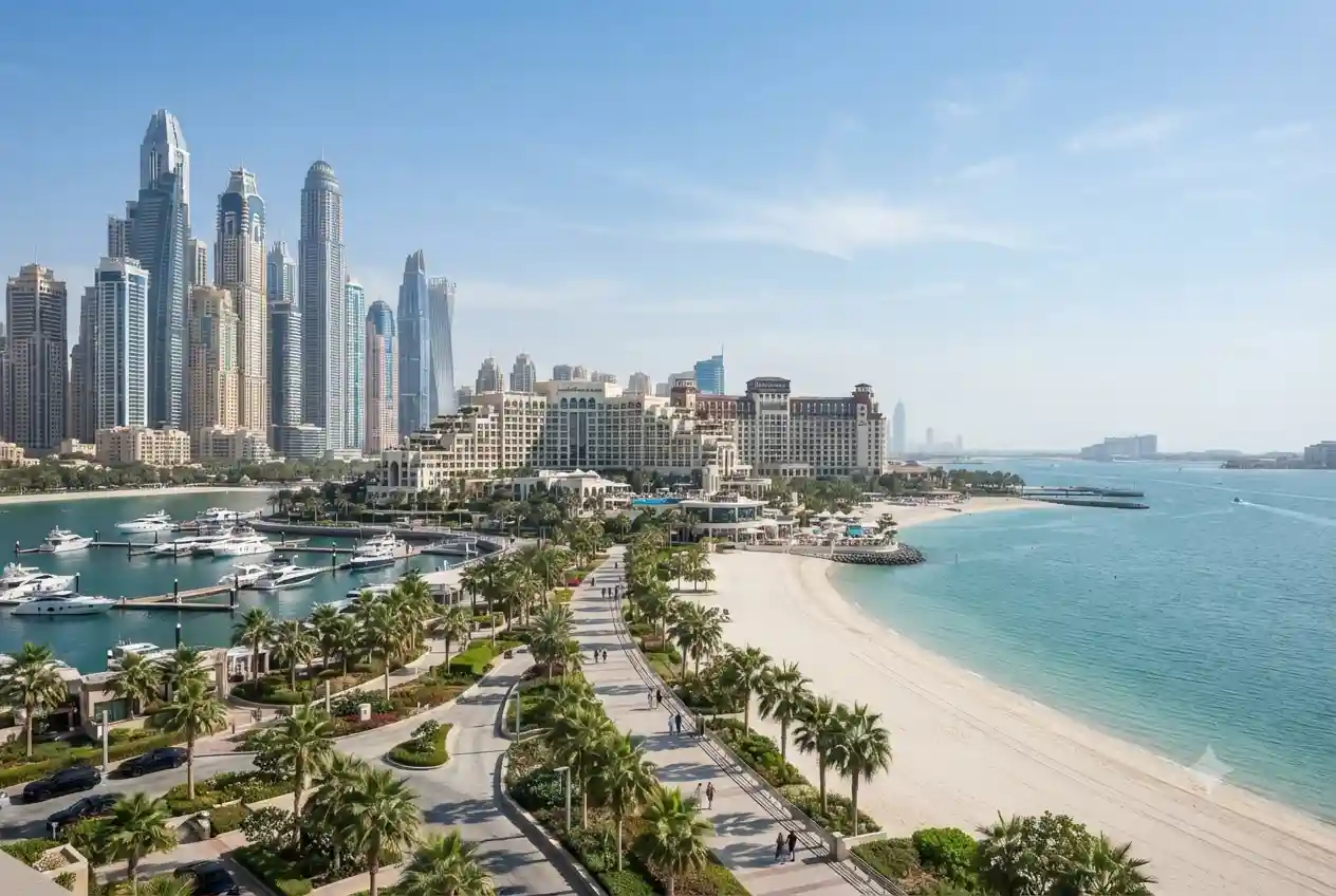 Luxury hotels in Dubai with skyline, beachfront resorts, and modern hospitality