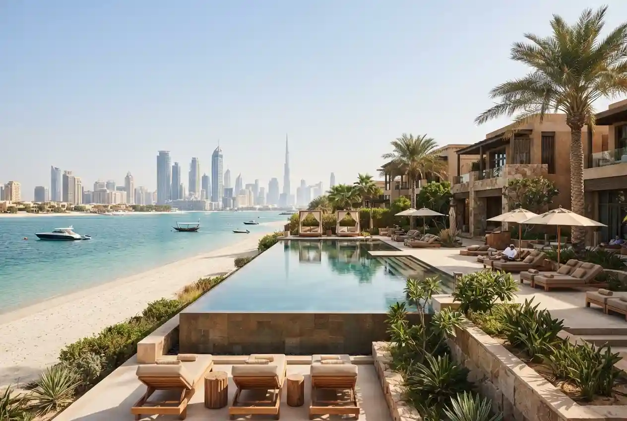 Luxury hotels in UAE featuring modern resorts, beachfront accommodation, and iconic skyline