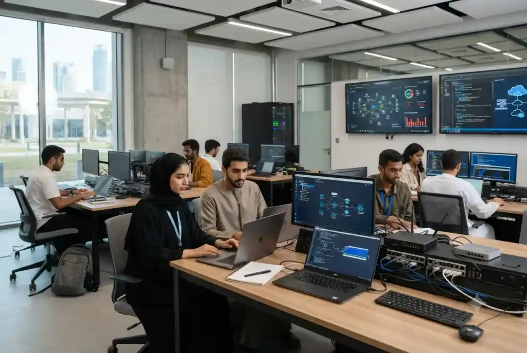 Students studying information technology courses in a modern UAE computer lab