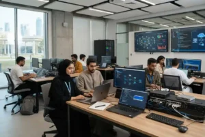 Students studying information technology courses in a modern UAE computer lab