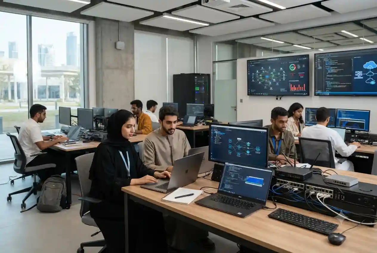 Students studying information technology courses in a modern UAE computer lab
