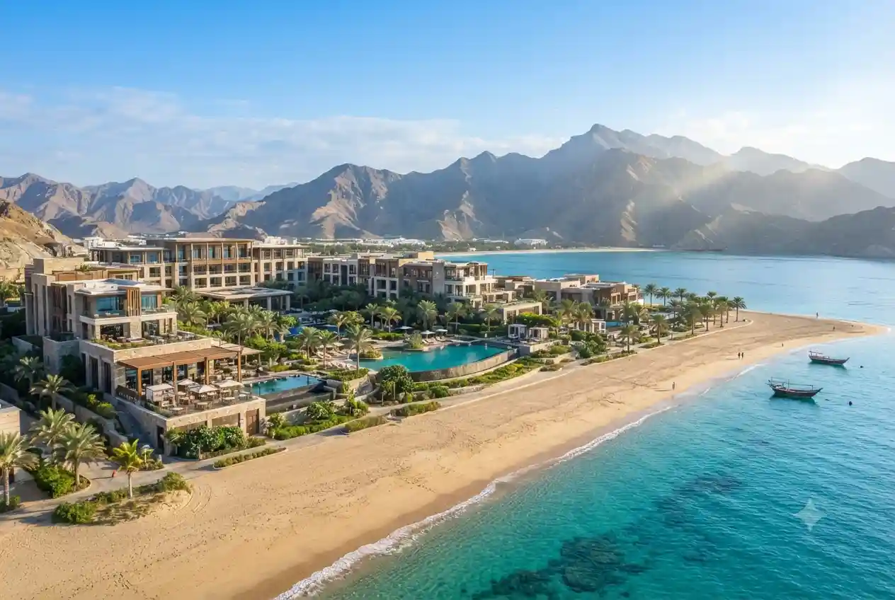 Luxury beachfront hotels in Khorfakkan with mountain and sea views