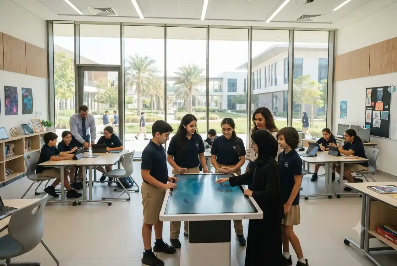 Students studying in a modern LEAMS Education-style private school in the UAE.