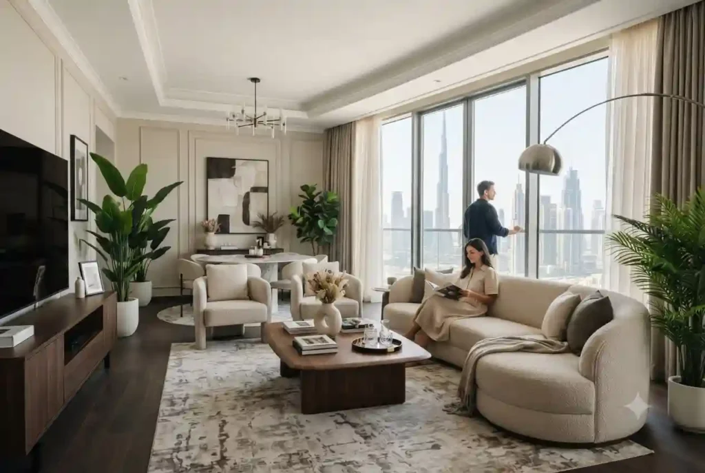 Modern lifestyle furniture in a stylish UAE living room with contemporary interior design.