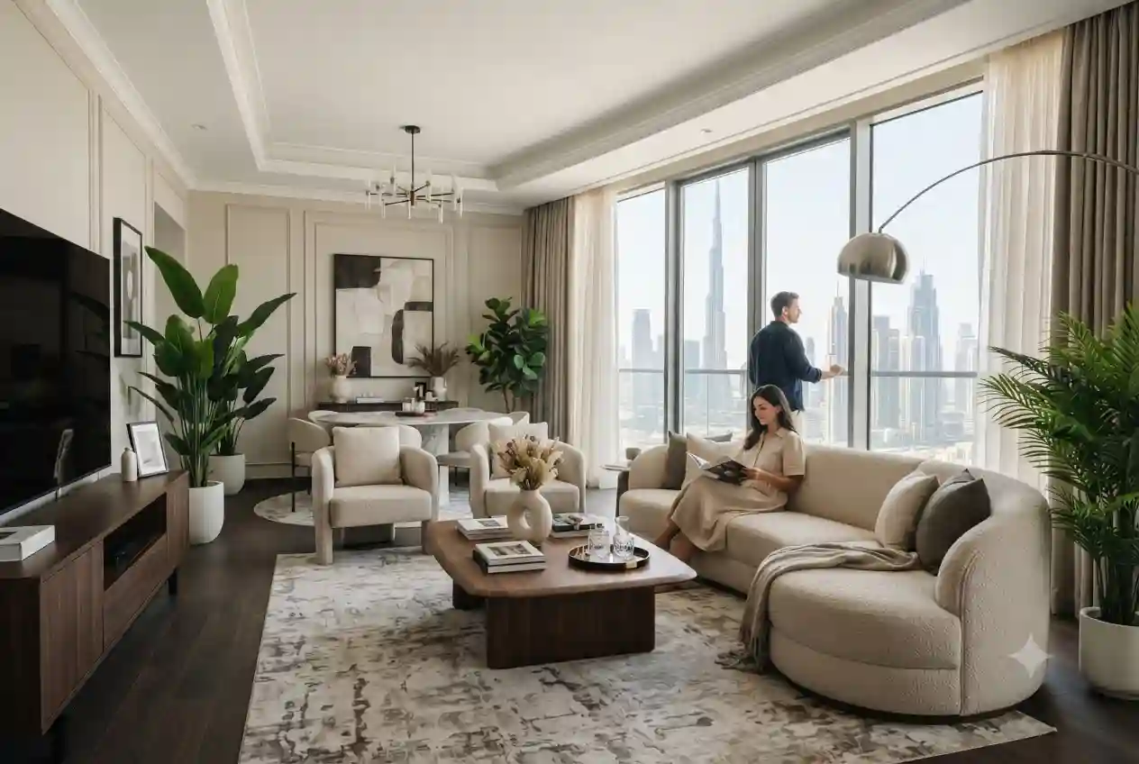 Modern lifestyle furniture in a stylish UAE living room with contemporary interior design.
