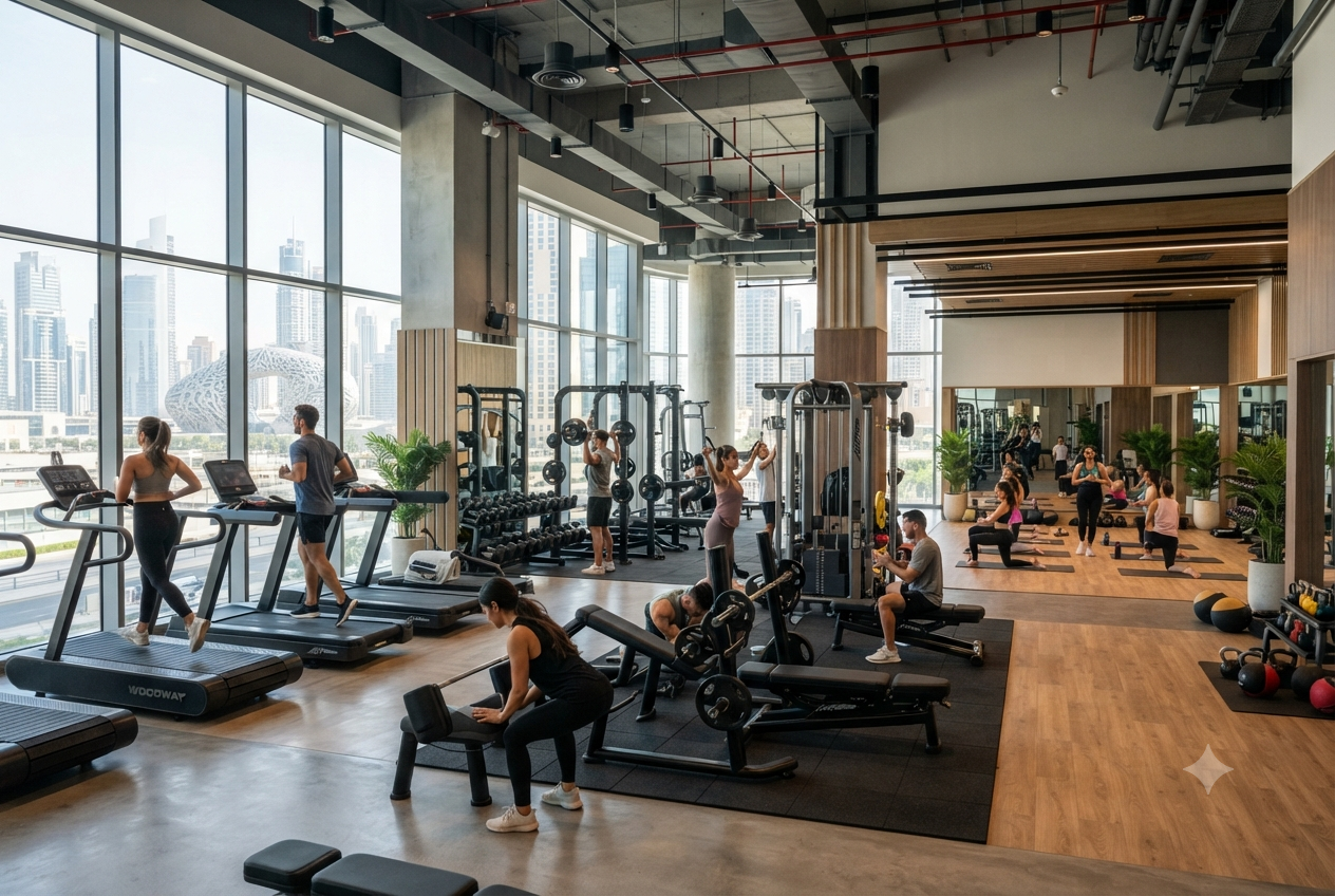 Modern lifestyle gym in the UAE with treadmills, strength equipment, and yoga space.